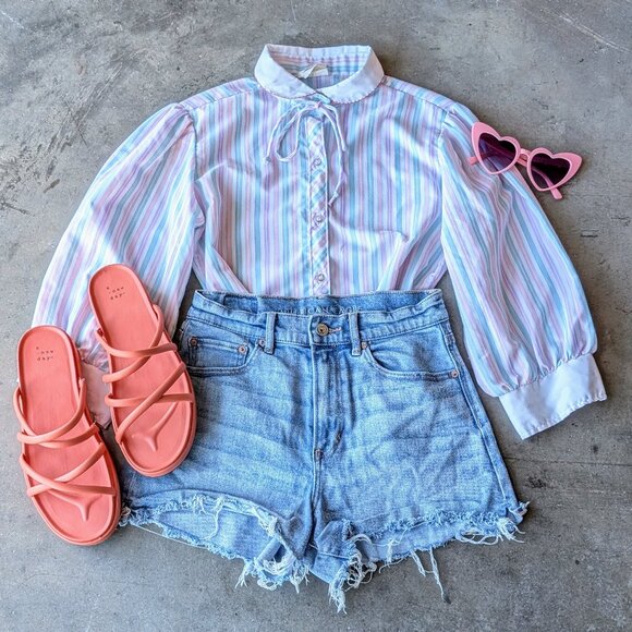 Vintage Tops - Vintage Blue Pink Purple Striped Peter Pan Collar Button Front Shirt